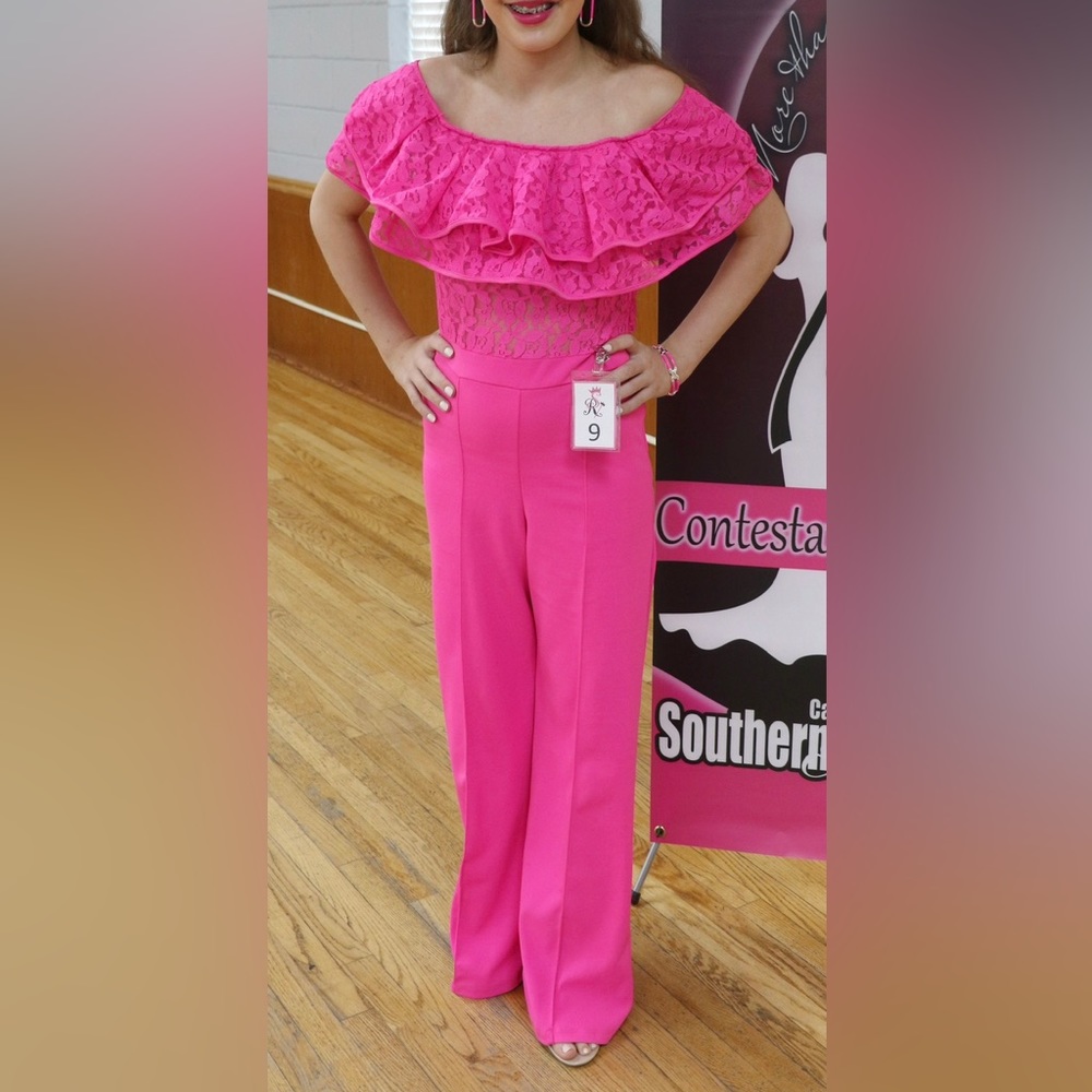Bright Pink on/off shoulder lace bodice jumpsuit